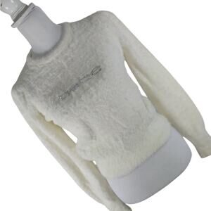 BEBE! LUXE CREAM FURRY FINISH RHINESTONE LOGO FRONT CREW NECK SWEATER! SZ M
